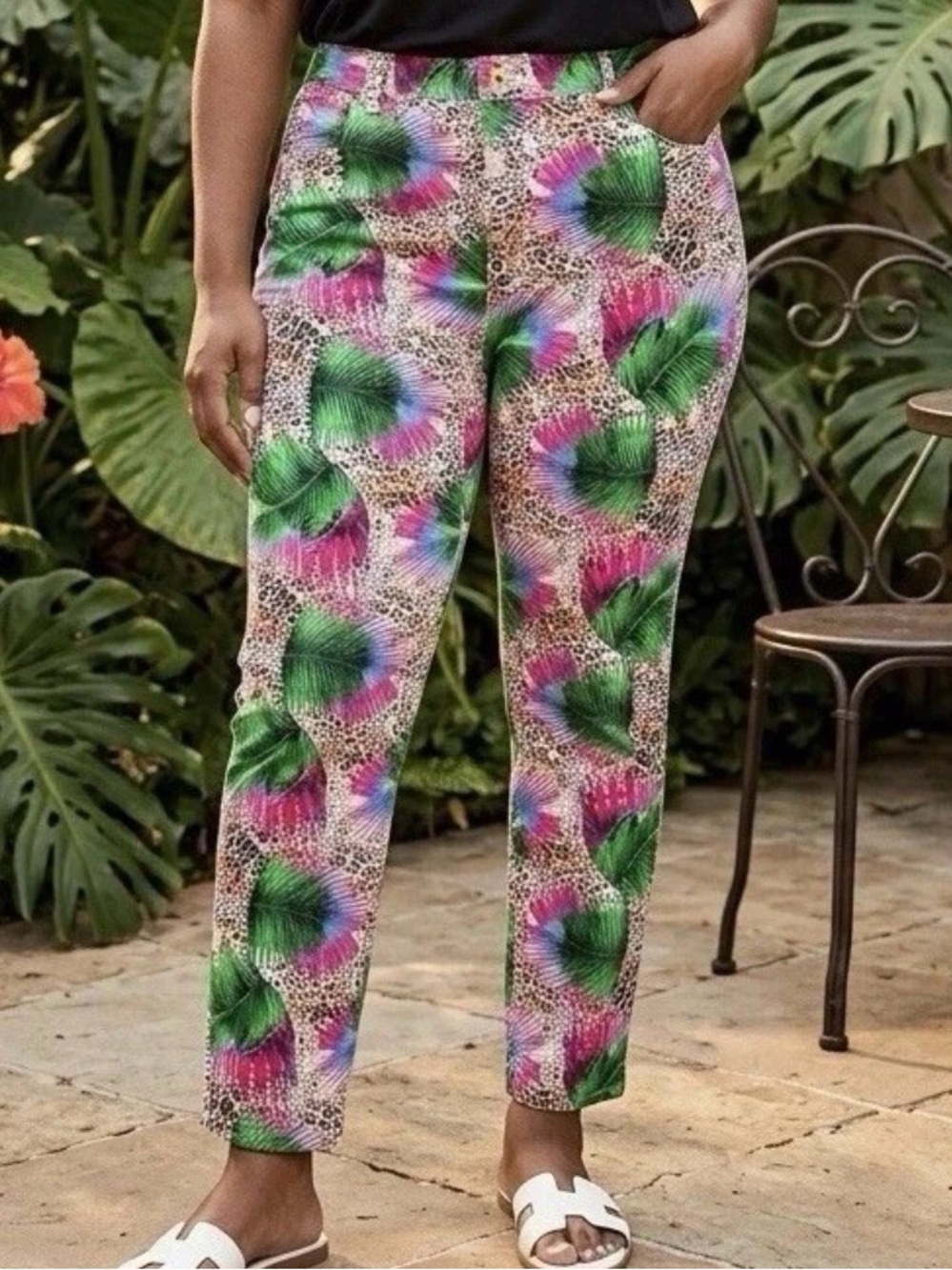 Tropical Leopard Print Straight Leg Pants Size 14 Resort Vacation Maximalist